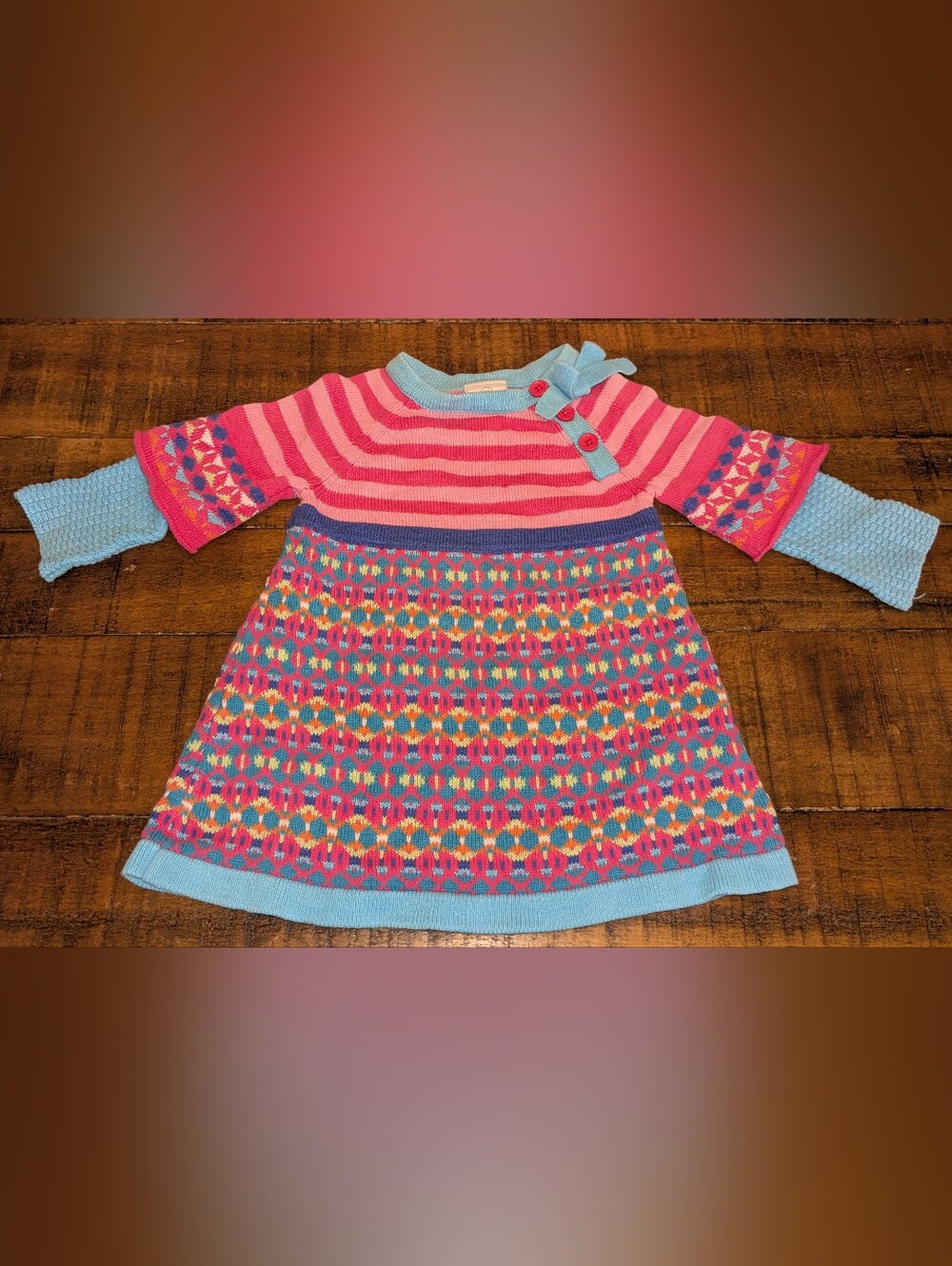 Hanna Andersson Pink Striped Knit A-line Dress with Multicolor Pattern, Size 60
